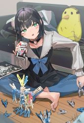 Rule 34 | 1girl, absurdres, barefoot, beer can, black hair, blouse, blue pants, can, choker, clothes hanger, clothes pin, couch, drink can, drunk, eyebrows hidden by hair, folded clothes, green eyes, highres, indian style, o-ring, o-ring choker, original, pants, shirt, signature, sitting, solo, squeans, stuffed animal, stuffed bird, stuffed toy, tetto (onnoveltet), wooden floor