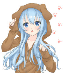 Rule 34 | 1girl, :o, animal ears, animal hood, arm up, bad id, bad pixiv id, blue eyes, blue hair, blush, brown jacket, collarbone, dog ears, dog hood, fake animal ears, hair between eyes, hand up, hibiki (kancolle), hood, hood up, hooded jacket, hoshino kagari, jacket, kantai collection, long hair, long sleeves, looking at viewer, open mouth, paw print, paw print background, pinching sleeves, simple background, sleeves past wrists, solo, upper body, white background