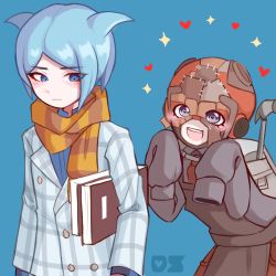 Rule 34 | 2boys, apron, backpack, bag, black coat, blue background, blue eyes, blue hair, blue shirt, blush, book, brown apron, child, closed mouth, coat, collared jacket, collared shirt, danganronpa (series), danganronpa another episode: ultra despair girls, despair sauce (artist), eyelashes, hair horns, hammer, heart, heart-shaped pupils, jacket, kemuri jataro, looking at another, looking down, mask, multiple boys, necktie, open mouth, parted bangs, parted hair, plaid, plaid coat, red neckwear, scarf, shingetsu nagisa, shirt, simple background, sparkle, stitches, symbol-shaped pupils, teeth, tongue, upper body, upper teeth only, watermark, yaoi, yellow scarf