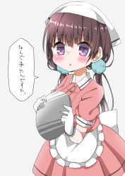 Rule 34 | 1girl, :&lt;, absurdres, apron, blend s, blush, bow, brown hair, commentary request, frilled apron, frills, gloves, grey background, hair between eyes, hair ornament, hamada pengin, head scarf, highres, holding, holding tray, long hair, looking at viewer, low twintails, parted lips, pink shirt, pink skirt, pleated skirt, puffy short sleeves, puffy sleeves, purple eyes, sakuranomiya maika, shirt, short sleeves, simple background, skirt, solo, stile uniform, translation request, tray, triangle mouth, twintails, uniform, very long hair, waist apron, waitress, white apron, white bow, white gloves