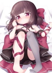 Rule 34 | 1girl, bare shoulders, barefoot, bed sheet, black dress, black panties, bow, breasts, brown hair, choker, commentary request, criss-cross halter, dress, fallenshadow, grey thighhighs, hair bow, halterneck, highres, indie virtual youtuber, knees up, kokone (coconeeeco), lying, no shoes, off-shoulder dress, off shoulder, on back, panties, pigeon-toed, pillow, red bow, red choker, red eyes, single thighhigh, small breasts, solo, thighhighs, underwear, virtual youtuber