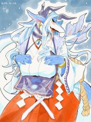 Rule 34 | 1girl, animal ears, apron, artist name, blue background, blue gemstone, blue hair, blue skin, blush, bracelet, breasts, breath, choker, colored skin, covered erect nipples, cowboy shot, dated, dragon girl, drooling, earrings, female focus, furry, furry female, gem, gold, green eyes, hakama, half-closed eyes, hands on own chest, hands up, happy, highres, hip vent, horns, japanese clothes, jewelry, kame (3t), kimono, large breasts, lizard tail, long hair, long sleeves, long tongue, looking at viewer, miko, multicolored skin, open mouth, original, outline, purple apron, purple choker, purple horns, red hakama, rope, saliva, scales, shide, sidelocks, signature, smile, snout, solo, standing, sweat, tail, tail raised, tongue, tongue out, two-tone skin, white kimono, white outline, white skin, wide hips, wide sleeves