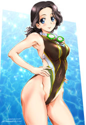 Rule 34 | 1girl, back cutout, black hair, black one-piece swimsuit, blue eyes, breasts, chi-hatan (emblem), closed mouth, clothing cutout, commentary, competition swimsuit, covered navel, cowboy shot, dated, emblem, girls und panzer, goggles, goggles around neck, groin, hamada kiyo, hands on own hips, highleg, highres, looking at viewer, medium breasts, medium hair, one-piece swimsuit, ponytail, skindentation, smile, solo, standing, swimsuit, tomokoji, twitter username