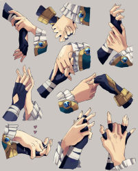 Rule 34 | 2boys, chongyun (genshin impact), commentary request, couple, fingerless gloves, frilled sleeves, frills, genshin impact, gloves, grey background, hand focus, heart, holding hands, male focus, multiple boys, simple background, tabi (s t k n 1), tagme, xingqiu (genshin impact), yaoi