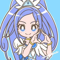 Rule 34 | 1girl, absurdres, blue background, blue bow, blue eyes, blush, bow, bracelet, bright pupils, brooch, choker, cure diamond, diamond hands, dokidoki! precure, earrings, eyelashes, hair ornament, heart, heart brooch, high ponytail, highres, hishikawa rikka, jewelry, long hair, looking at viewer, magical girl, mayena, outline, ponytail, precure, puffy short sleeves, puffy sleeves, purple hair, short sleeves, signature, simple background, smile, solo, upper body, waist bow, waist ribbon, white outline, white pupils, yellow choker