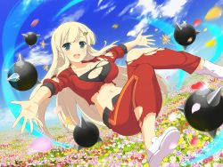 Rule 34 | 1girl, :d, aqua eyes, blonde hair, bomb, breasts, cleavage, explosive, female focus, field, flower, flower field, hair ornament, hairclip, highres, knees together feet apart, large breasts, legs, legs together, long hair, looking at viewer, navel, open arms, open mouth, senran kagura, smile, solo, sports uniform, tennis, thighs, torn clothes, uniform, yomi (senran kagura)