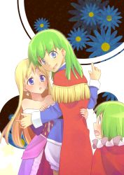 Rule 34 | 1girl, 2boys, blonde hair, blue eyes, blush, cape, collins (dq5), cross, dragon quest, dragon quest v, dress, earrings, embarrassed, family, father and son, flower, freckles, henry (dq5), jewelry, long hair, maria (dq5), mother and son, multiple boys, off shoulder, open mouth, sanndo, surprised, walk-in