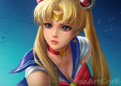 Rule 34 | 1girl, bishoujo senshi sailor moon, blonde hair, blue eyes, blue sailor collar, bow, bowtie, breasts, choker, cleavage, collarbone, commentary request, crescent, crescent earrings, derivative work, diadem, double bun, earrings, heart, heart choker, jewelry, lips, long hair, meme, neoartcore, red bow, red bowtie, red choker, sailor collar, sailor moon, sailor moon redraw challenge (meme), sailor senshi, sailor senshi uniform, screenshot redraw, solo, sweat, thai commentary, tsukino usagi, twintails, upper body