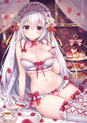 Rule 34 | 1girl, arm support, blush, bow, bow bra, bow panties, bra, breasts, cake, cleavage, commentary request, cup, cupcake, curtains, flower, food, fruit, fruit tart, hair between eyes, hand on own chest, hand up, long hair, looking at viewer, medium breasts, mitsuba choco, mousse (food), navel, original, panties, parted lips, petals, picture frame, pink bow, red bow, red eyes, ribbon-trimmed bra, ribbon-trimmed panties, saucer, silver hair, solo, spoon, stomach, strawberry, strawberry shortcake, strawberry tart, tart (food), tea, teacup, teapot, thighhighs, tiered tray, transparent, underwear, underwear only, very long hair, white bra, white flower, white panties, white thighhighs, wrist cuffs