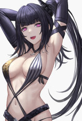 Rule 34 | 1girl, architect (girls&#039; frontline), architect (nvw model) (girls&#039; frontline), armpits, arms up, bad id, bad pixiv id, black gloves, black hair, blunt bangs, breasts, cleavage, elbow gloves, girls&#039; frontline, gloves, highres, long hair, looking at viewer, medium breasts, navel, open mouth, purple eyes, selcky, side ponytail, simple background, smile, solo, swimsuit, white background