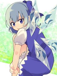 Rule 34 | 1girl, blue bow, blue dress, blue eyes, blue hair, blush, bow, cirno, dress, fairy, hair between eyes, hair bow, highres, ice, ice wings, open mouth, puffy short sleeves, puffy sleeves, shirt, short hair, short sleeves, solo, touhou, white shirt, wings, yamase