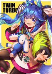 Rule 34 | 1girl, ahoge, animal ears, blue eyes, blue hair, boots, character name, commentary, heterochromia, highres, hood, hoodie, horse ears, horse girl, horse tail, long hair, long sleeves, nihudau, open mouth, outstretched arm, pointing, pointing at self, purple eyes, sharp teeth, solo, stuffed animal, stuffed rabbit, stuffed toy, tail, teeth, twin turbo (umamusume), twintails, umamusume, upper teeth only