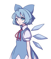 Rule 34 | 1girl, absurdres, ahoge, blue bow, blue dress, blue hair, bow, cirno, collared shirt, cowboy shot, dress, eyebrows hidden by hair, from side, hair bow, highres, ice, ice wings, kame (kamepan44231), looking at viewer, neck ribbon, one-hour drawing challenge, open mouth, red ribbon, ribbon, shirt, short hair, short sleeves, simple background, sleeveless, sleeveless dress, solo, standing, touhou, white background, white shirt, wings