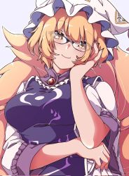 Rule 34 | 1girl, animal hat, blonde hair, breasts, closed mouth, fingernails, fox tail, glasses, gokuu (acoloredpencil), hat, highres, kitsune, large breasts, long fingernails, looking at viewer, mob cap, multiple tails, short hair, simple background, smile, solo, tabard, tail, touhou, upper body, white background, white hat, yakumo ran, yellow eyes