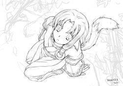 Rule 34 | 1girl, ainu clothes, animal ears, aquaplus, breasts, dress, eruruu, from above, greyscale, hair ornament, hand on ground, kitarune, kneeling, layered sleeves, long hair, long sleeves, looking at viewer, monochrome, parted bangs, parted lips, raised eyebrows, sidelocks, signature, sketch, small breasts, solo, tail, utawarerumono