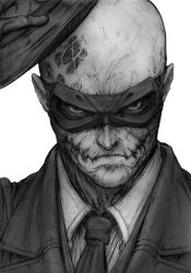 Rule 34 | 1boy, bald, domino mask, formal, greyscale, hat, imizu (nitro unknown), male focus, mask, metal gear (series), metal gear solid v: the phantom pain, monochrome, simple background, skull face, solo, suit