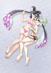 Rule 34 | + +, 2girls, armpits, ass, babydoll, back, bare arms, bare shoulders, barefoot, black hair, black panties, bra, breasts, callie (splatoon), domino mask, feet, fishnet legwear, fishnets, full body, gradient hair, green hair, grey background, hand on another&#039;s head, hand on another&#039;s hip, highres, koharu2.5, long hair, looking at another, lying, marie (splatoon), mask, medium breasts, multicolored hair, multiple girls, navel, navel poking, nintendo, on side, open mouth, panties, pink bra, pink hair, pink legwear, pink panties, pointy ears, see-through, short hair, silver hair, simple background, smile, soles, splatoon (series), splatoon 1, teeth, tentacle hair, thick eyebrows, thighhighs, toes, twintails, underwear, underwear only, yellow eyes