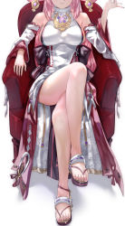 Rule 34 | 1girl, anklet, blouse, breasts, chair, closed mouth, crossed legs, detached sleeves, dress, genshin impact, geta, hair ornament, hand up, head out of frame, highres, japanese clothes, jewelry, kimono, large breasts, legs, miko, nail polish, obi, pink hair, pink nails, sash, shirt, simple background, sitting, smile, solo, tassel, thighs, toes, uenoryoma, white background, white dress, white kimono, white shirt, yae miko