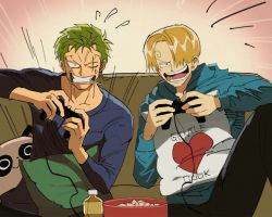 Rule 34 | 2boys, :d, blonde hair, candy, clenched teeth, competition, food, game console, green hair, hair over one eye, hood, hoodie, lollipop, long sleeves, male focus, multiple boys, one piece, open mouth, playing games, roronoa zoro, runa (nori31291404), sanji (one piece), scar, scar across eye, scar on face, smile, teeth