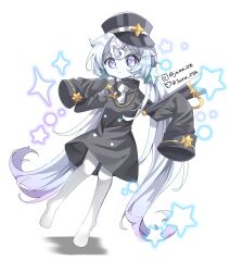 Rule 34 | 1girl, artist name, bad source, blue eyes, colored skin, cookie run, hat, highres, humanization, jaime, long hair, long sleeves, looking at viewer, low twintails, milky way cookie, solo, sparkle, sparkling eyes, star (symbol), train conductor, twintails, very long hair, white hair, white skin