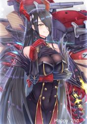 Rule 34 | 1girl, artist request, azur lane, bare shoulders, conductor baton, black hair, breasts, chinese commentary, cleavage, closed mouth, collarbone, commentary request, covered navel, friedrich der grosse (azur lane), gloves, hair over one eye, highres, holding, horns, large breasts, long hair, looking to the side, machinery, red gloves, red horns, rigging, see-through, skindentation, smile, solo, very long hair, yellow eyes