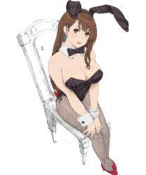 Rule 34 | 1990s (style), 1girl, animal ears, bad id, bad pixiv id, bare shoulders, blush, bow, bowtie, breasts, brown eyes, brown hair, rabbit ears, chair, cleavage, commentary request, detached collar, earrings, fake animal ears, final fantasy, final fantasy vii, fishnet pantyhose, fishnets, from above, full body, high heels, iwauchi tomoki, jewelry, large breasts, leotard, long hair, looking at viewer, low-tied long hair, open mouth, pantyhose, playboy bunny, red footwear, revision, simple background, sitting, sketch, smile, solo, tifa lockhart, white background, wrist cuffs