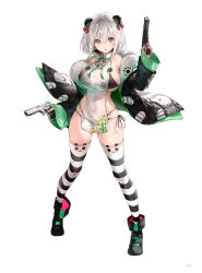 Rule 34 | 1girl, ankle boots, bare shoulders, black panties, boots, breasts, brown eyes, desert eagle, dsmile, dual wielding, full body, grey hair, gun, hair ornament, handgun, highres, holding, holding weapon, jacket, large breasts, legs apart, looking at viewer, off shoulder, open clothes, open jacket, original, panties, see-through, shiny skin, simple background, solo, striped clothes, striped thighhighs, tachi-e, thighhighs, thighs, underwear, v-shaped eyebrows, weapon, white background