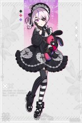 Rule 34 | 1girl, ahoge, black bow, black bowtie, black dress, black footwear, black gloves, black thighhighs, bonnet, bow, bowtie, chin strap, dress, eyepatch, footwear bow, full body, gloves, gothic lolita, hair bow, hand on own cheek, hand on own face, heart, heart ahoge, highres, holding, holding stuffed toy, lace, lace gloves, lolita fashion, maria marionette, multicolored hair, nijisanji, nijisanji en, open mouth, purple eyes, side ponytail, sir ventrilo (maria marionette), solo, streaked hair, striped clothes, striped thighhighs, stuffed animal, stuffed rabbit, stuffed toy, thighhighs, vertical-striped clothes, vertical-striped thighhighs, virtual youtuber, waka (wk4444), white hair