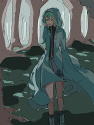 Rule 34 | 1other, androgynous, black shirt, blue coat, blue footwear, blue socks, coat, commentary request, forest, full body, green eyes, green hair, grey shorts, hand up, highres, hood, hood up, hooded coat, len&#039;en, long sleeves, nature, open clothes, open coat, open mouth, other focus, outdoors, shirt, shitodo aoji, short hair, shorts, sketch, socks, solo, sweat, wallpaper, yoni.