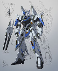 Rule 34 | arm shield, arms at sides, blueprint (medium), clenched hands, commentary request, dated, full body, grey background, highres, homare (fool&#039;s art), horns, looking ahead, mecha, no humans, original, red eyes, robot, science fiction, signature, silhouette, simple background, single horn, standing