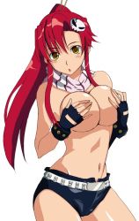 Rule 34 | 00s, 1girl, belt, blush, breast hold, breasts, covering breasts, covering privates, fingerless gloves, gloves, kamimiya, large breasts, long hair, looking at viewer, ponytail, red hair, scarf, short shorts, shorts, solo, striped clothes, striped scarf, studded belt, tengen toppa gurren lagann, topless, yellow eyes, yoko littner
