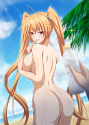 Rule 34 | 1boy, 1girl, absurdres, ahoge, ass, beach, breasts, brown hair, covering breasts, covering privates, high school dxd, highres, large breasts, long hair, looking at viewer, looking back, minaisu, naughty face, nude, purple eyes, shidou irina, sideboob, smile, standing, tongue, tongue out, twintails