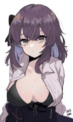 Rule 34 | 1girl, artist name, bad id, bad pixiv id, black bra, blush, bra, breasts, breasts apart, collarbone, collared shirt, dated, front-tie top, highres, large breasts, looking at viewer, medium hair, multicolored eyes, open clothes, open shirt, original, purple eyes, purple hair, retri, shirt, simple background, solo, underwear, wing collar, yellow eyes
