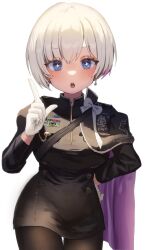 Rule 34 | + +, 1girl, :o, black cape, black dress, black pantyhose, blue eyes, blush, cape, colored inner hair, cowboy shot, domita, dress, earrings, gloves, goddess of victory: nikke, hand on own hip, highres, jewelry, liliweiss (nikke), military uniform, multicolored hair, open mouth, pantyhose, pink hair, purple cape, short hair, simple background, solo, star-shaped pupils, star (symbol), symbol-shaped pupils, two-tone cape, uniform, white background, white gloves, white hair