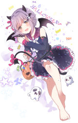 Rule 34 | 1girl, :d, bare shoulders, barefoot, black dress, black wings, blush, bow, brown eyes, candy wrapper, chocho (homelessfox), demon girl, demon horns, demon tail, demon wings, detached sleeves, dress, full body, ghost, hair ornament, hair ribbon, halloween, halloween bucket, horns, idolmaster, idolmaster cinderella girls, koshimizu sachiko, long sleeves, looking at viewer, lying, on side, open mouth, pink bow, pink ribbon, purple hair, ribbon, short hair, sleeveless, sleeveless dress, smile, solo, star (symbol), tail, tail bow, tail ornament, toenails, white background, wing hair ornament, wings