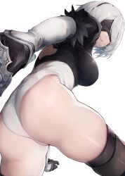 Rule 34 | 1girl, 2b (nier:automata), absurdres, ass, back cutout, black gloves, black hairband, blindfold, breasts, clothing cutout, feather-trimmed sleeves, gloves, hairband, highres, juliet sleeves, katana, large breasts, legs, leotard, long sleeves, megu (pixiv9460065), mole, mole under mouth, nier:automata, nier (series), puffy sleeves, short hair, solo, square enix, swept bangs, sword, thighhighs, thighs, virtuous contract, weapon, wedgie, white hair, white leotard