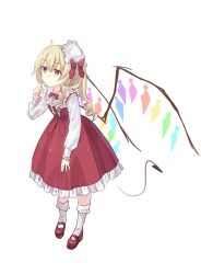 Rule 34 | 1girl, adapted costume, ahoge, alternate hairstyle, blonde hair, bow, dress, drill hair, flandre scarlet, full body, hat, hat bow, highres, long hair, long sleeves, mary janes, mini hat, red bow, red dress, red eyes, red footwear, shika lq, shoes, simple background, socks, solo, standing, touhou, white background, white hat, white socks, wings