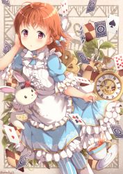 Rule 34 | 1girl, :o, ace (playing card), ace of spades, ahoge, alice in wonderland, apron, blue bow, blue dress, blush, bow, bowtie, braid, card, center frills, checkerboard cookie, clock, commentary request, cookie, cup, dress, food, frilled apron, frilled sleeves, frills, hair bow, hand in own hair, joker (playing card), love live!, love live! school idol festival, love live! sunshine!!, neck ruff, niwasane (saneatsu03), orange hair, pantyhose, playing card, rabbit, red eyes, saucer, short hair, side braid, skirt hold, solo, spade (shape), striped clothes, striped legwear, striped pantyhose, takami chika, teacup, twitter username, vertical-striped clothes, vertical-striped legwear, vertical-striped pantyhose, winding key