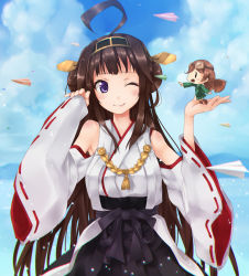 Rule 34 | 10s, 1girl, 2mota, ;), ahoge, aviator sunglasses, bare shoulders, blue sky, blush, blush stickers, brown hair, brown skirt, cloud, day, detached sleeves, double bun, fairy (kancolle), goggles, goggles on head, hair bun, hairband, hakama, hakama skirt, headgear, highres, in palm, japanese clothes, kantai collection, kongou (kancolle), long hair, mini person, minigirl, nontraditional miko, one eye closed, paper airplane, pleated skirt, pointing, purple eyes, ribbon-trimmed sleeves, ribbon trim, skirt, sky, smile, sunglasses, type 96 fighter