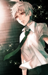 Rule 34 | 1boy, arms at sides, black pants, collared shirt, commentary request, cowboy shot, crying, crying with eyes open, danganronpa (series), danganronpa 2: goodbye despair, facing to the side, green necktie, grey shirt, hinata hajime, hinata hajime (awakened), looking at viewer, male focus, necktie, pants, red eyes, sakuyu, shirt, short hair, short sleeves, sketch, solo, sparkle, spoilers, tears, upper body, white hair