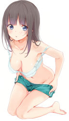 Rule 34 | 1girl, aqua shorts, armpits, bare legs, barefoot, blue bra, blue eyes, blunt bangs, blush, bra, breasts, brown hair, cleavage, clothes pull, collarbone, commentary request, full body, groin, highres, kneeling, knees together feet apart, leaning forward, light smile, long hair, looking at viewer, maigoyaki, medium breasts, navel, original, parted lips, pulling own clothes, shiny skin, shorts, shorts pull, simple background, solo, stomach, strap slip, tareme, thigh gap, underwear, undressing, white background