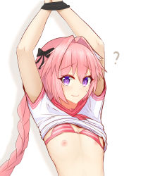 Rule 34 | 1boy, ?, arms up, astolfo (fate), astolfo (sailor paladin) (fate), black bow, bound, bound wrists, bow, bow bra, bra, bra lift, braid, clothes lift, commentary request, eyelashes, fang, fang out, fate/apocrypha, fate (series), hair between eyes, hair bow, hair intakes, highres, long hair, looking at viewer, male focus, multicolored hair, nekoda (maoda), nipples, official alternate costume, pink bow, pink hair, pink sailor collar, purple eyes, restrained, revision, sailor collar, school uniform, shadow, shirt, shirt lift, short sleeves, simple background, single braid, solo, streaked hair, striped bra, striped clothes, sweat, sweatdrop, trap, two-tone hair, underwear, upper body, white background, white hair, white shirt