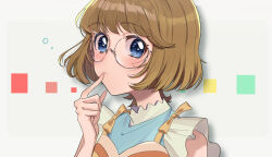 Rule 34 | 1girl, absurdres, blue eyes, bob cut, brown hair, closed mouth, commentary, dress, finger to mouth, frown, glasses, highres, huwarinn99, ichinose minori, looking at viewer, precure, rimless eyewear, round eyewear, short hair, sleeveless, sleeveless dress, solo, tropical-rouge! precure