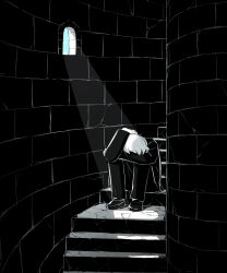 Rule 34 | 1boy, absurdres, avogado6, blue sky, brick wall, commentary request, crack, cracked wall, day, greyscale, hand on own head, head down, head on knees, highres, indoors, knees up, light rays, long sleeves, monochrome, original, pants, resting, shirt, shoes, sitting, sitting on stairs, sky, solo, spot color, stairs, stairwell, tower, wide shot, window