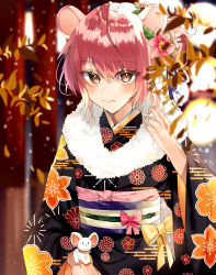 Rule 34 | 1girl, absurdres, animal ears, black kimono, blurry, blurry background, commentary, copyright request, floral print, flower, fur trim, hair flower, hair ornament, highres, japanese clothes, kanniiepan, kimono, mouse (animal), mouse ears, pink flower, pink hair, solo