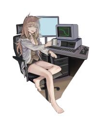 Rule 34 | 1girl, absurdres, animal ears, artist request, bags under eyes, bare legs, barefoot, black skirt, blush, breasts, brown shirt, cat ears, chair, check artist, chinese commentary, cleavage, coffee mug, commentary request, computer, crossed legs, cup, desk, feet, floppy disk, full body, girls&#039; frontline, hair between eyes, highres, holding, holding cup, ji shiguo (b.d.), computer keyboard, lab coat, large breasts, long hair, long sleeves, looking at viewer, messy hair, mixed-language commentary, monitor, mug, off shoulder, office chair, one eye closed, open mouth, panties, pantyshot, persica (girls&#039; frontline), pink hair, red eyes, shirt, sitting, skirt, smile, solo, swivel chair, teeth, toes, underwear, upper teeth only, white background, white panties