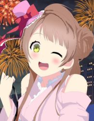 Rule 34 | 1girl, ;), artist name, artist request, bare shoulders, blush, bow, breasts, brown eyes, brown hair, close-up, cloud, female focus, firework background, fireworks, grey hair, hair bun, hat, hat bow, hat ribbon, japanese clothes, kimono, light brown hair, long hair, looking at viewer, love live!, love live! school idol project, minami kotori, night, night sky, one eye closed, outdoors, parted lips, pink hat, pink kimono, red bow, ribbon, side bun, single hair bun, sky, smile, solo, star (sky), upper body, wink, yellow eyes