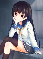 Rule 34 | 10s, 1girl, artist request, black hair, black thighhighs, crossed legs, gloves, hair ribbon, hand on own cheek, hand on own face, highres, isokaze (kancolle), kantai collection, light smile, long hair, looking at viewer, red eyes, ribbon, school uniform, senifu, serafuku, single thighhigh, sitting, skirt, smile, solo, thighhighs