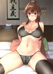 Rule 34 | 1girl, abo (hechouchou), black bra, blush, bra, breasts, brown eyes, brown hair, cleavage, commission, flower, hair between eyes, hair flower, hair ornament, headgear, kantai collection, large breasts, long hair, looking at viewer, open mouth, ponytail, skeb commission, smile, solo, spread legs, thighhighs, underwear, very long hair, yamato (kancolle)