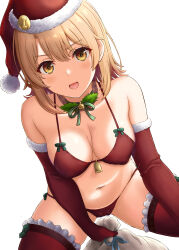 Rule 34 | 1girl, :d, absurdres, bare shoulders, bell, between legs, bikini, blonde hair, bow, bowtie, breasts, cameltoe, choker, christmas, covered erect nipples, elbow gloves, fur trim, gloves, hat, highres, holding, holding sack, inanaki shiki, isshiki iroha, looking at viewer, medium breasts, medium hair, navel, open mouth, red bikini, red gloves, red hat, red thighhighs, sack, santa hat, side-tie bikini bottom, smile, solo, spread legs, stomach, string bikini, swimsuit, thighhighs, thighs, yahari ore no seishun lovecome wa machigatteiru., yellow eyes